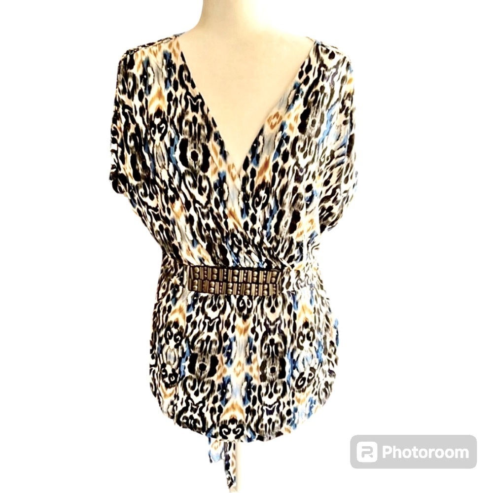 Beverly Drive Beaded Tie Back Tribal Ikat Print Top Size 1X